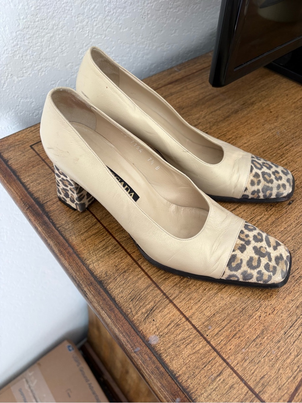 Vintage Escada Cream Leather Block Heel Pumps with Leopard Cap Toe